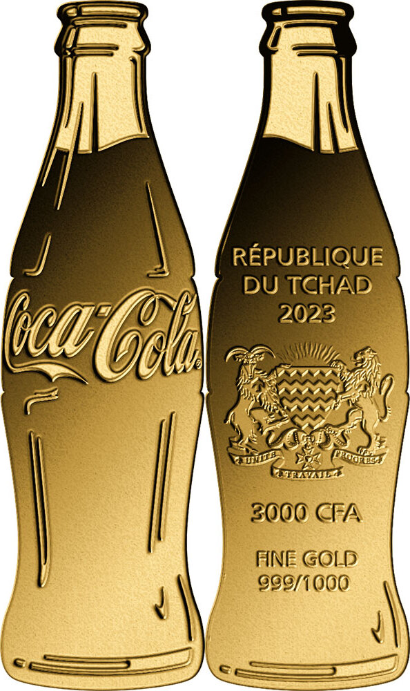 COCA COLA Bottle Shape 1/1000 Oz Gold Coin 3000 Francs Chad 2023