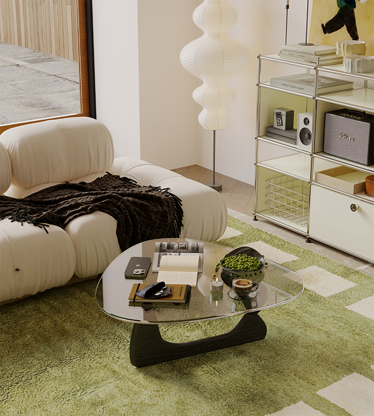 アートモダンガラスローテーブル | 透明感で抜けを作る彫刻的デザイン