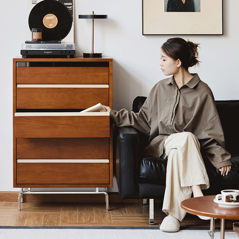 Woody Prime Boxツゲ材 レトロデザイン5段チェスト | 静かな開閉と
