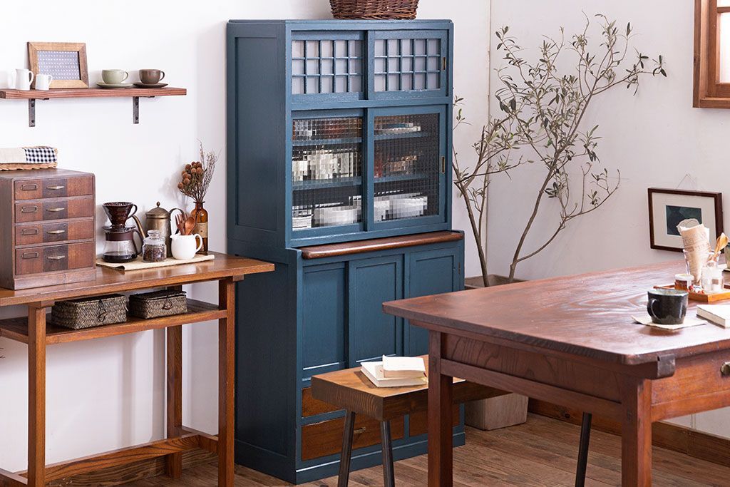 昭和レトロ ステンドグラス風 木製サイドボード 飾り棚 カップボード