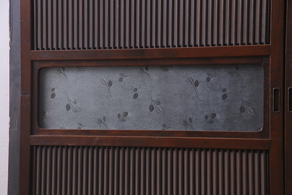 アンティーク昭和レトロ建具障子木製葉と鳥の彫刻付き