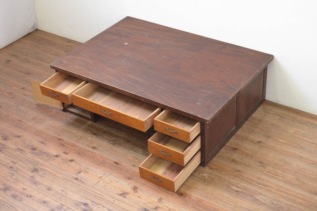 古い味のある文机 座卓 置物台 飾り棚 大型 透かし ハート型 木製