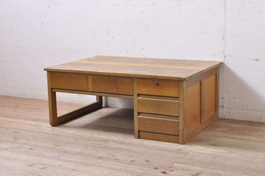 昭和レトロ 古家具 木製文机 4引き出し付き座卓 書斎机 ビンテージ