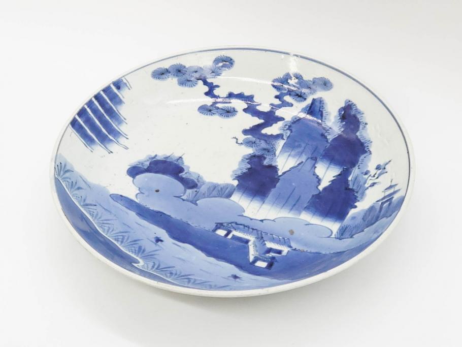 1858 古伊万里 染付山水 大明成化年製銘 皿 5客 未使用 1858 古伊万里