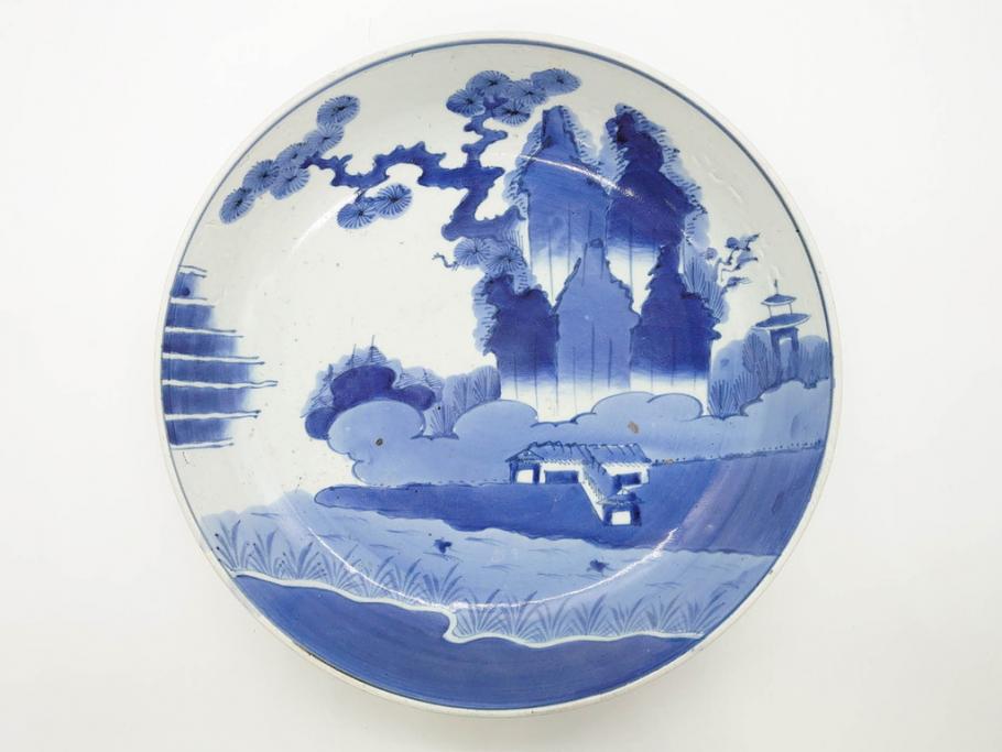 江戸初期 呉須 古伊万里 極上 七宝 楼閣山水図 角渦福 大皿 数量限定