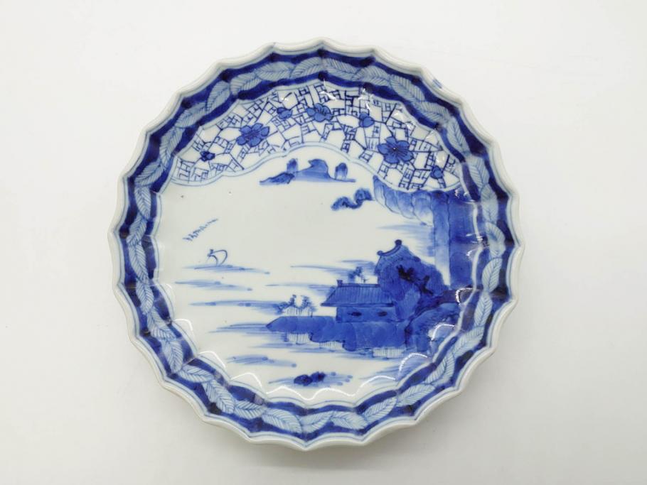 鹿絵皿 2枚 染付 色絵付 高台皿 紅葉 歪み 江戸 古伊万里 時代物 B 鹿