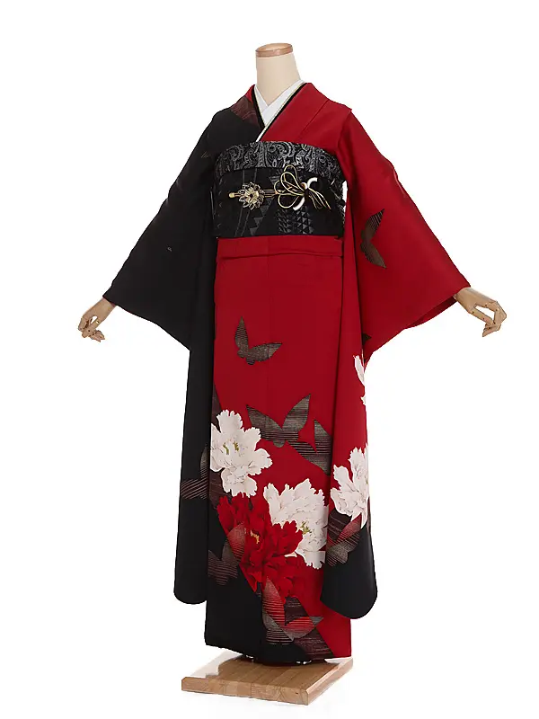 成人式 振袖セット 正絹 総絞り 赤黒 着物 振袖フルセット 総絞り 黒 赤