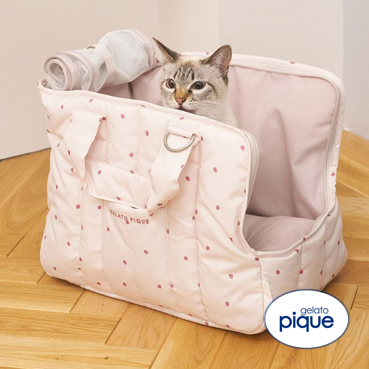 ジェラートピケ CAT&DOG ストロベリー柄ミニサイズキャリーバッグ