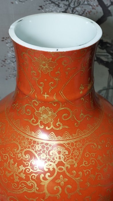 清代中期珊瑚紅描金觀音大瓶雙圈款| Yahoo拍賣