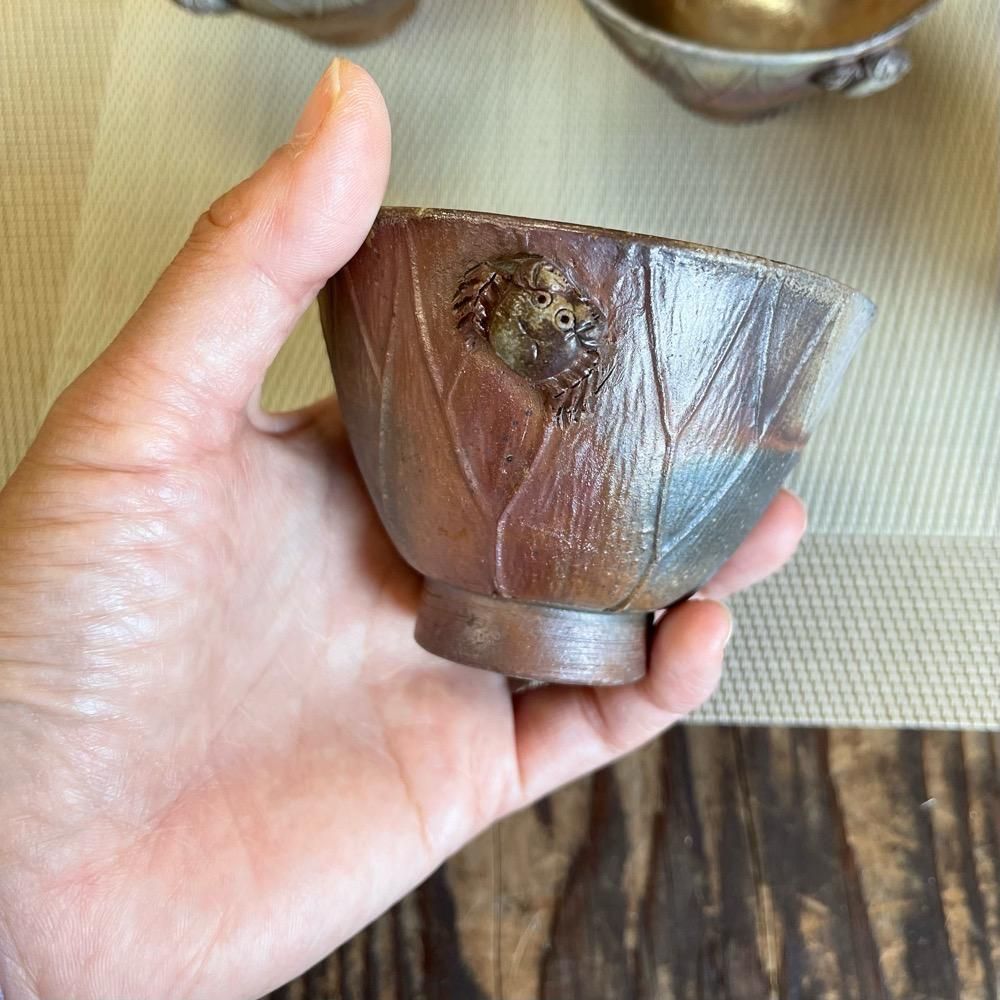 カニ付き蓮の葉湯呑み5個組み（木箱） - 陶古窯オンラインショップ