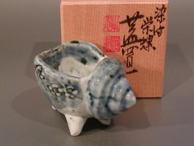 茶道具 蓋置 染付 栄螺（さざえ）、 京都 高野 昭阿弥作、共箱 新品