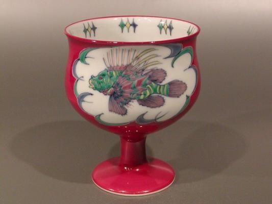 美の器】高盃 ワイングラス 赤京焼 豆彩 みのかさご絵、手塚 央作