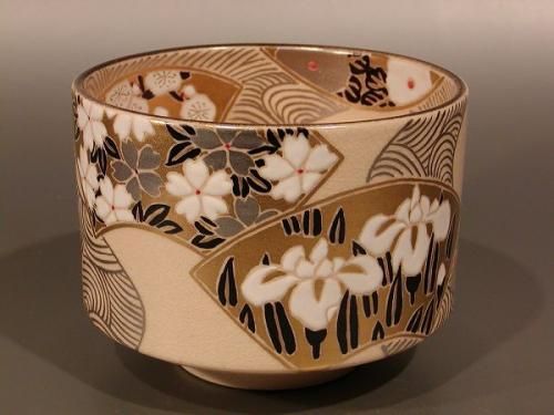 茶道具 抹茶茶碗 色絵 扇面流水 プラチナ釉、 京都 水無月窯 藤谷芳哉