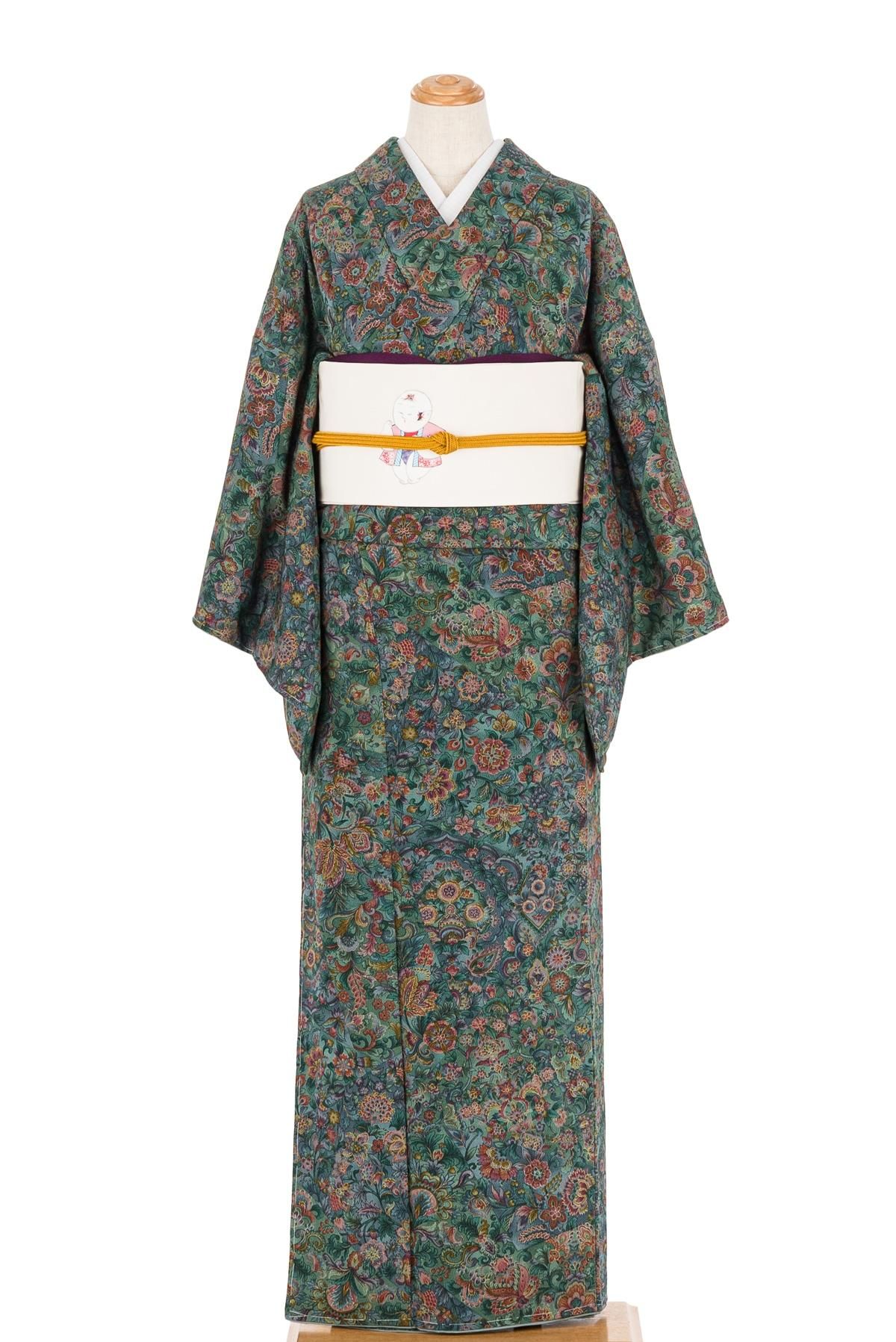 縮緬 裂取りに更紗花模様 - からん::アンティーク着物・リサイクル着物