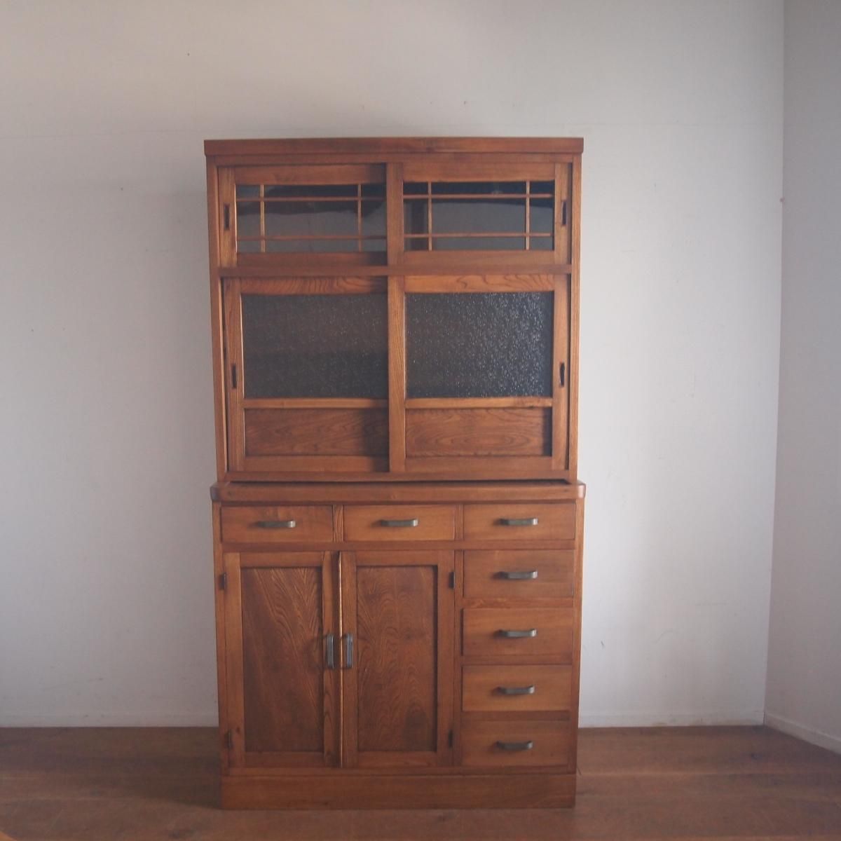 古いガラス戸棚×木製小引き出し3杯 ローチェスト 食器棚 古家具 古い