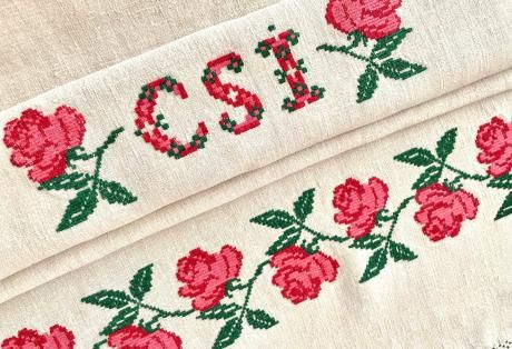 ハンガリー製 カロチャ刺繍 キッチンクロス ピンクローズ