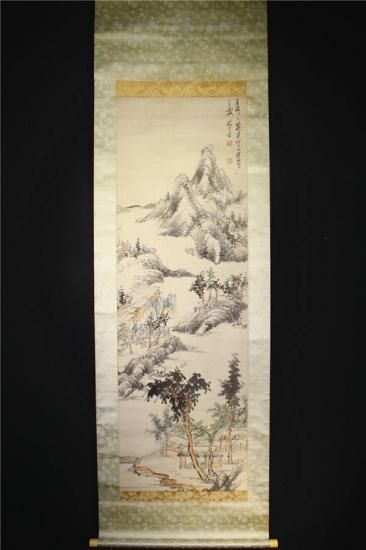 真作/藤本鉄石/鐵石/淡彩山水図/山水図//掛軸☆宝船☆AE-423 真作/藤本