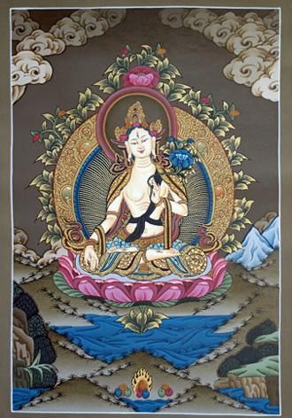 骨董 仏画 タンカ 希少なアンティークチベット仏教タンカ、色糸で描か