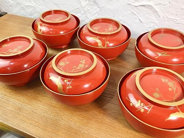 朱塗刷毛目 鴛鴦蒔絵 椀 一対 時代物(ZE659) 朱塗刷毛目 鴛鴦蒔絵