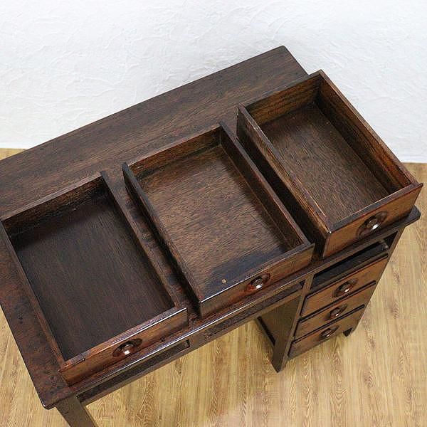 昭和初期アンティークデスク ダークブラウン 木製デスク 6引き出し