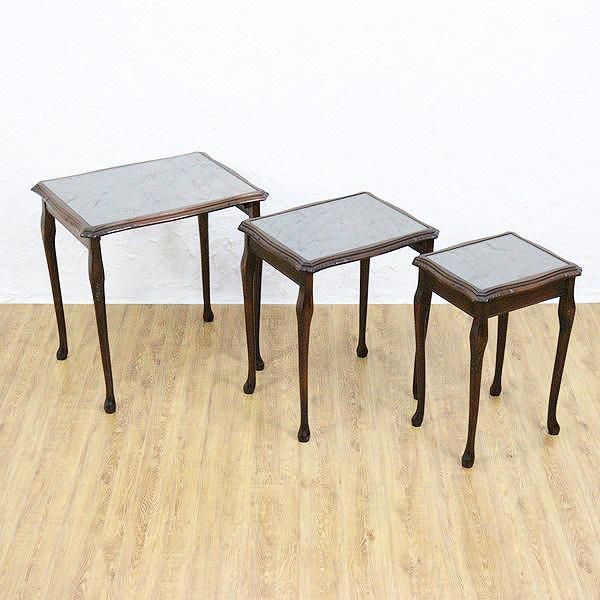 英国アンティーク木製ネストテーブル3台/収納式机/サイドテーブル