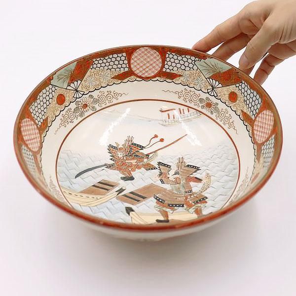 九谷焼赤絵鉢 武者侍源義経直径24.5cm高さ9.5cm