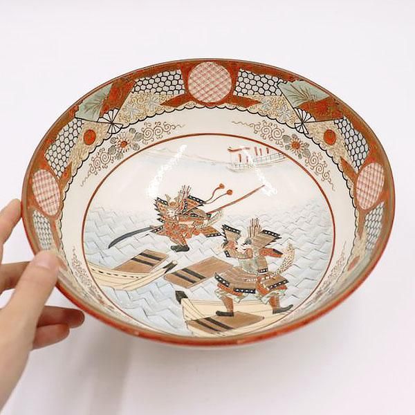 九谷焼赤絵鉢 武者侍源義経直径24.5cm高さ9.5cm
