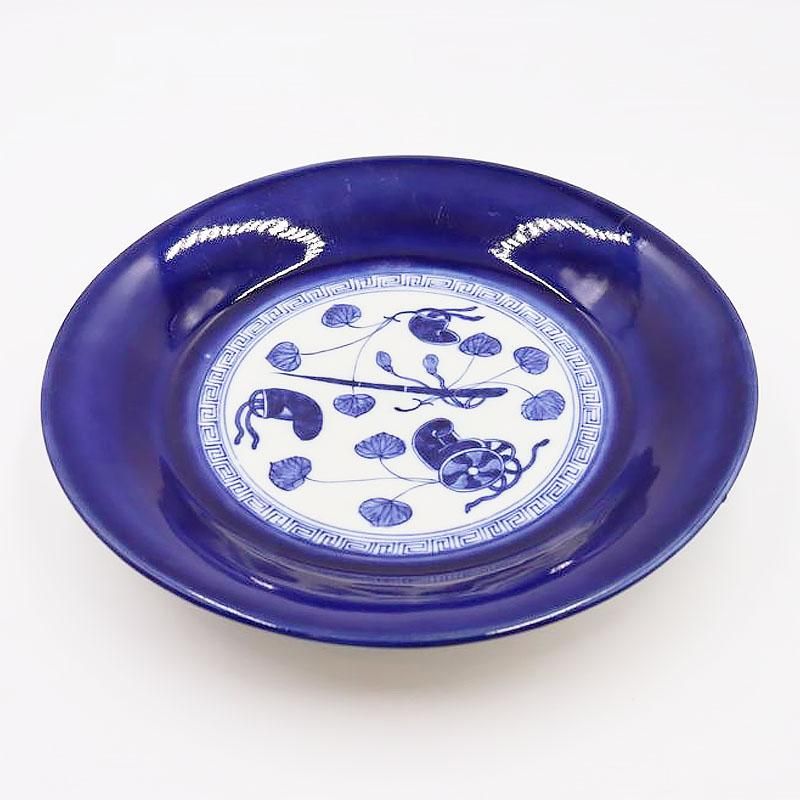 瑠璃藍色 手描き 大皿 飾り皿 盛り皿｜希少アンティーク｜和骨董江戸・明治