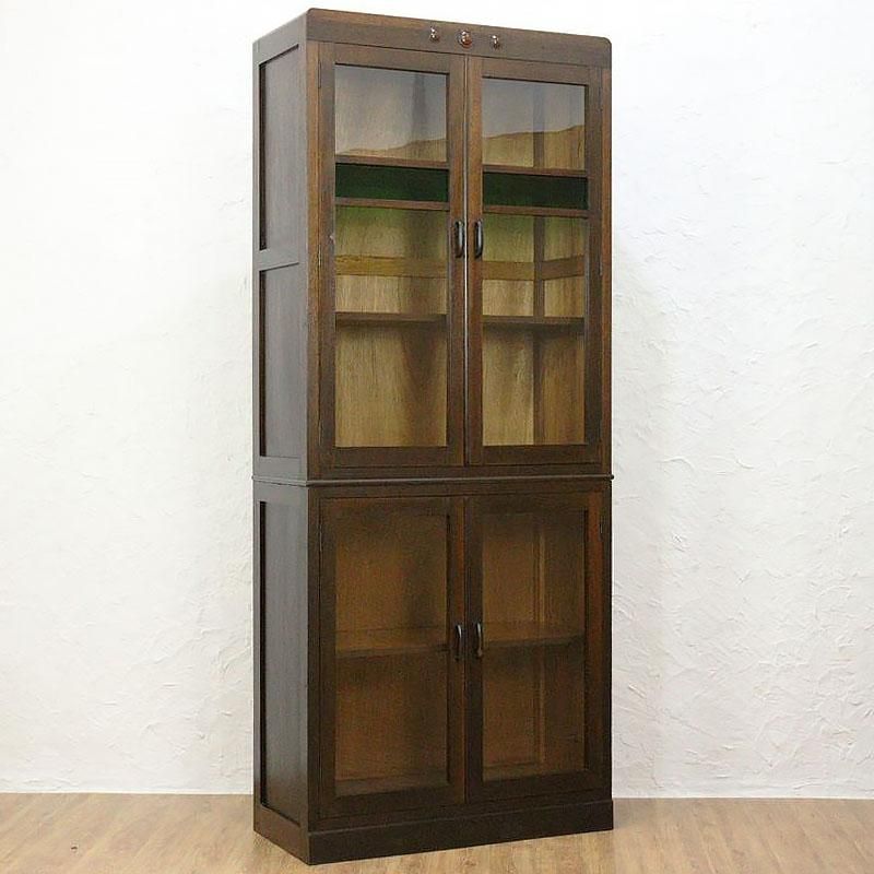 希少サイズ 細幅 緑ガラス入り 食器棚 書棚 収納棚 飾り棚 グリーン