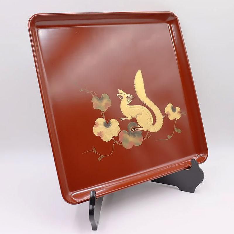 折敷 輪島塗 古代朱 沈金 大正昭和初期 四方盆 36cm