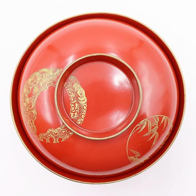 漆器 蓋椀 朱塗り 沈金入り 大正昭和初期 直径11.5cm