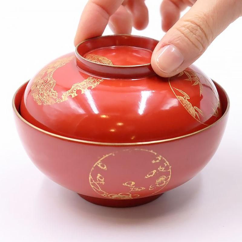 漆器 蓋椀 朱塗り 沈金入り 大正昭和初期 直径11.5cm
