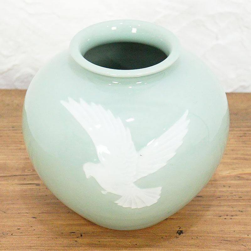 花瓶 青磁 花器 日本製 染付磁色 ふっくら 昭和初期