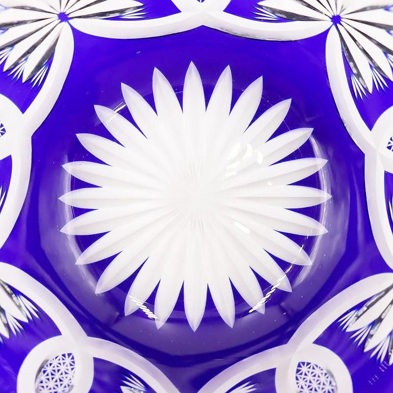 アンティーク カットガラス 切子鉢 ボウル 青 ブルー 濃紺 肉厚 大正