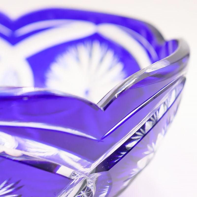 アンティーク カットガラス 切子鉢 ボウル 青 ブルー 濃紺 肉厚 大正