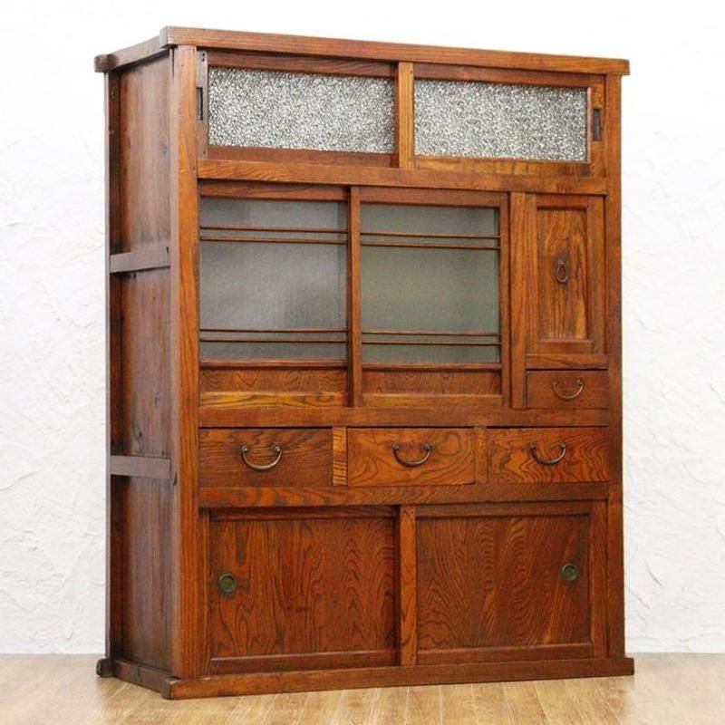 希少サイズ 四尺 格子 ダイヤガラス入り 水屋箪笥 キャビネット 食器棚