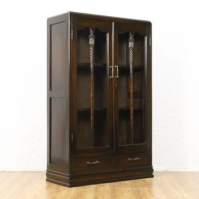 昭和レトロなアンティーク本箱｜ガラス扉と引出し5杯付きで収納力も