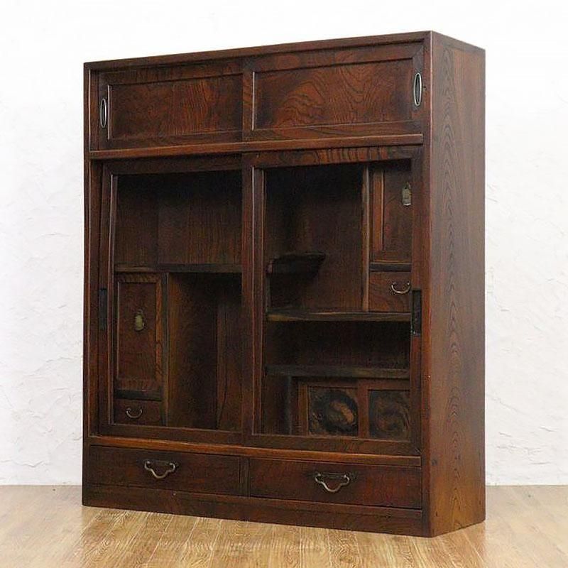 茶箪笥 薄型 ケヤキ材 大正時代頃 日本製 和家具 アンティーク