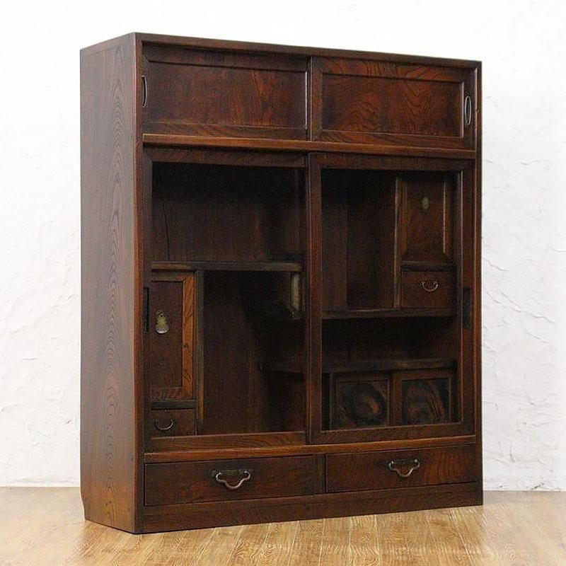 茶箪笥 薄型 ケヤキ材 大正時代頃 日本製 和家具 アンティーク