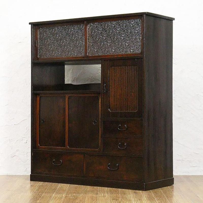 ダイヤガラス入り 茶箪笥 キャビネット 食器棚 アンティーク 骨董 和