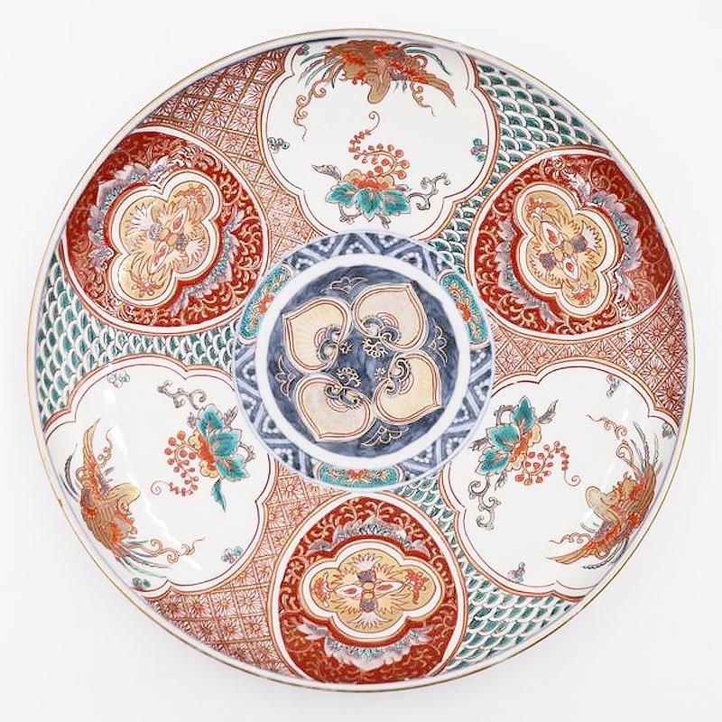 大皿□鳳凰幾何学模様色絵皿 7角花唐草紋 古伊万里 赤絵 時代物 古い