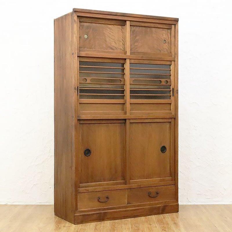 キャビネット 水屋箪笥 モールガラス入り 大正昭和 和モダン