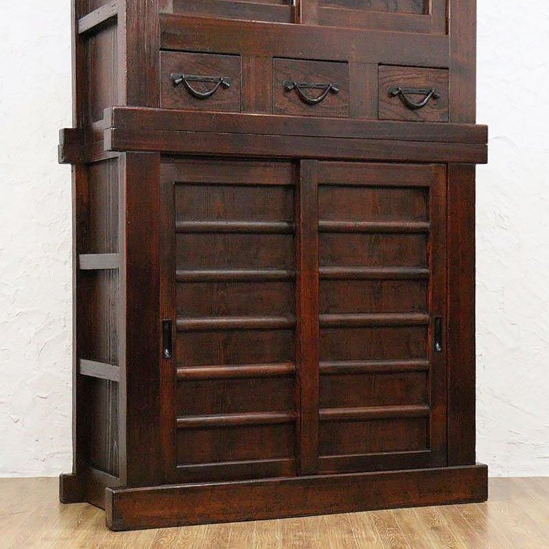 キャビネット 三尺膳棚 水屋箪笥 明治大正 二段重ね 重厚感