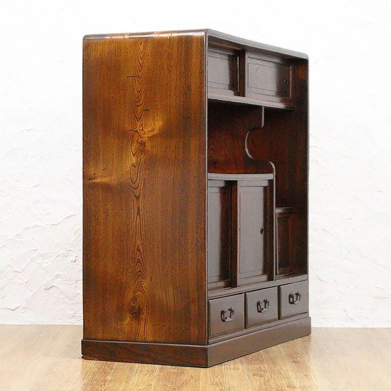 茶箪笥 欅 ケヤキ 和風収納棚 ガラス扉付き アンティーク風 高さ約150