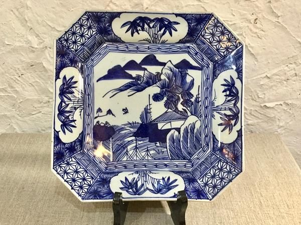手描き染付角皿(東屋山水)｜横29 縦29 高5｜一点もの