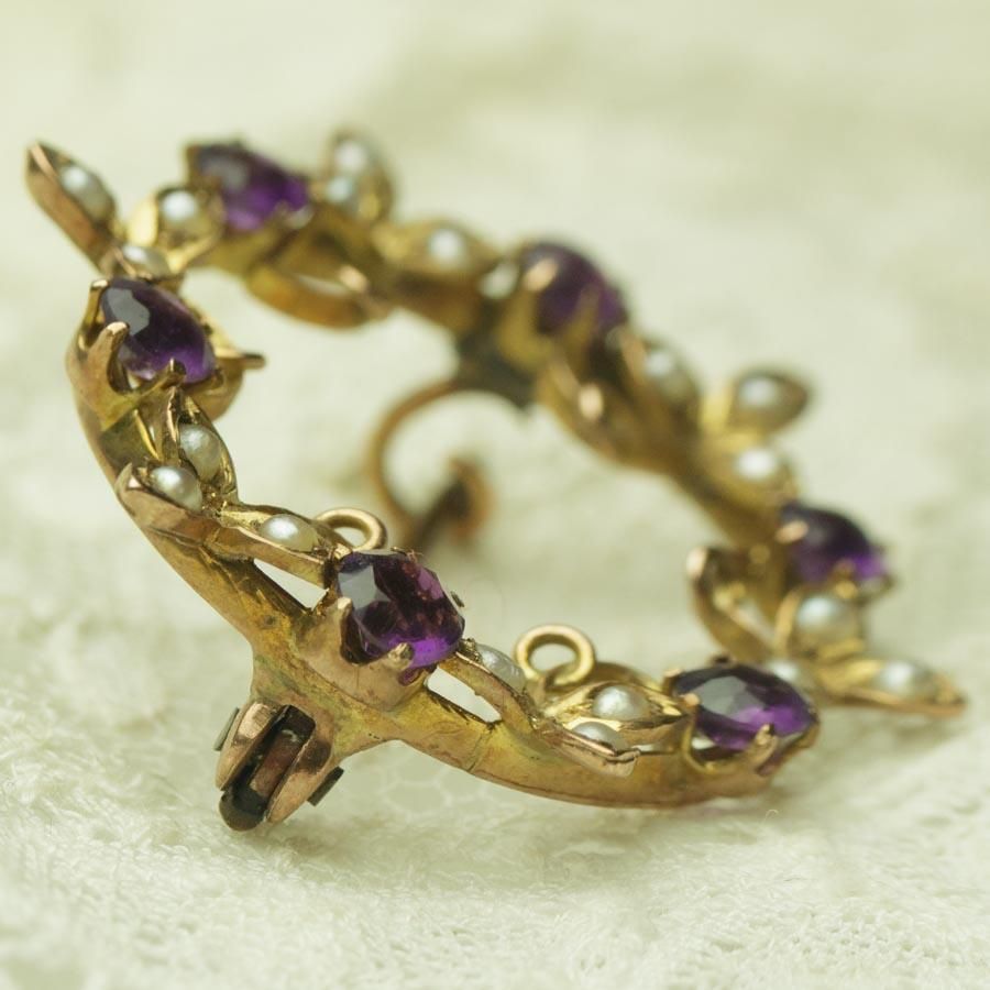 ビクトリアン 9金 アメジスト シード パール 花輪 ブローチ 1900年頃