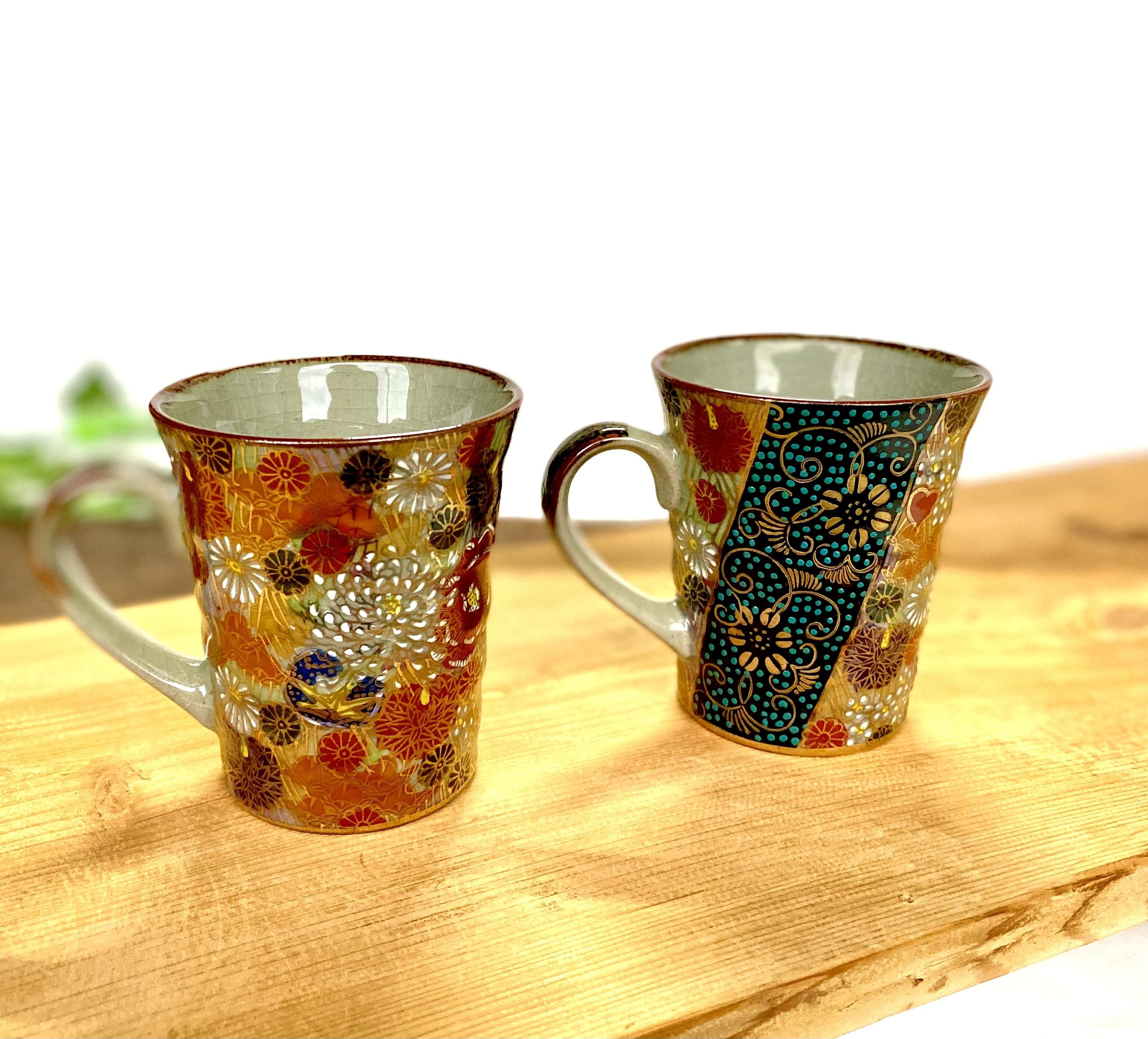 蔵出し 昭和初期 九谷焼 マグカップ 戦前輸出用 金彩色絵 花詰 レトロ