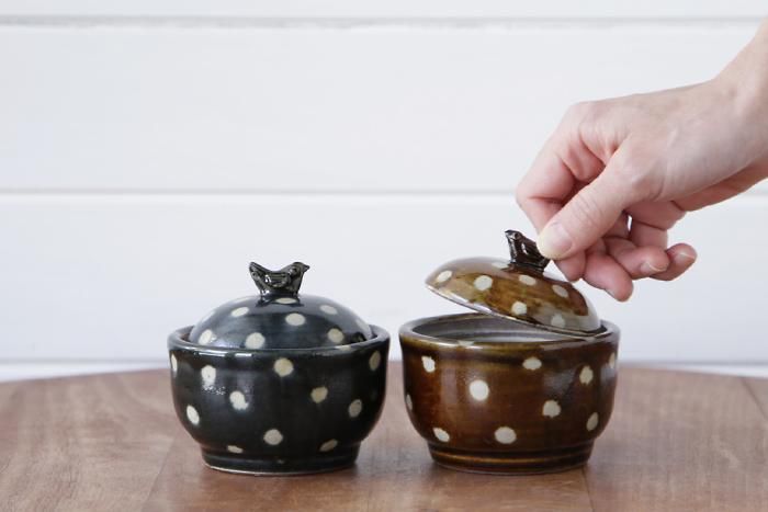 工房十鶴 蓋物 ドット柄 水玉模様 やちむん 工房十鶴 蓋物 ドット柄