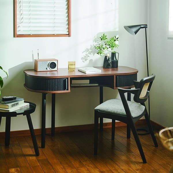 ラウンドトップのウォールナット柄デザインデスク SD-616 蛇腹戸収納