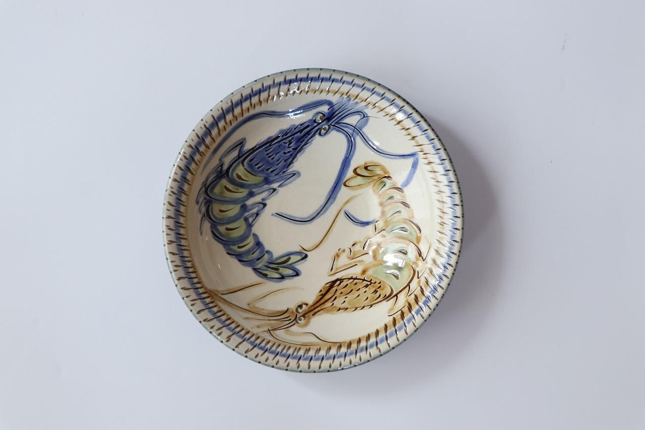 金城次郎 海老魚文 8寸皿 壺屋焼 沖縄 焼物 やちむん 直径約24cm
